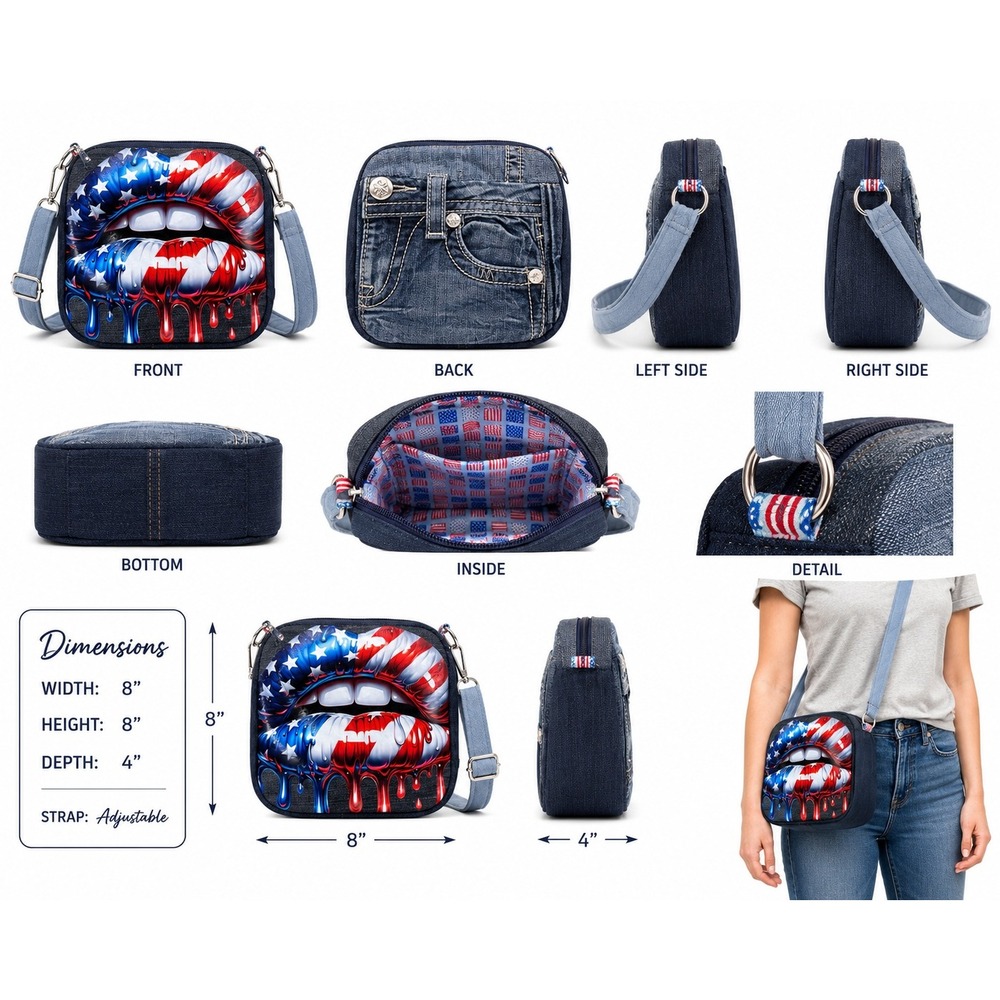 Patriotic Denim Crossbody Bag American Flag Dripping Lips Purse Handmade